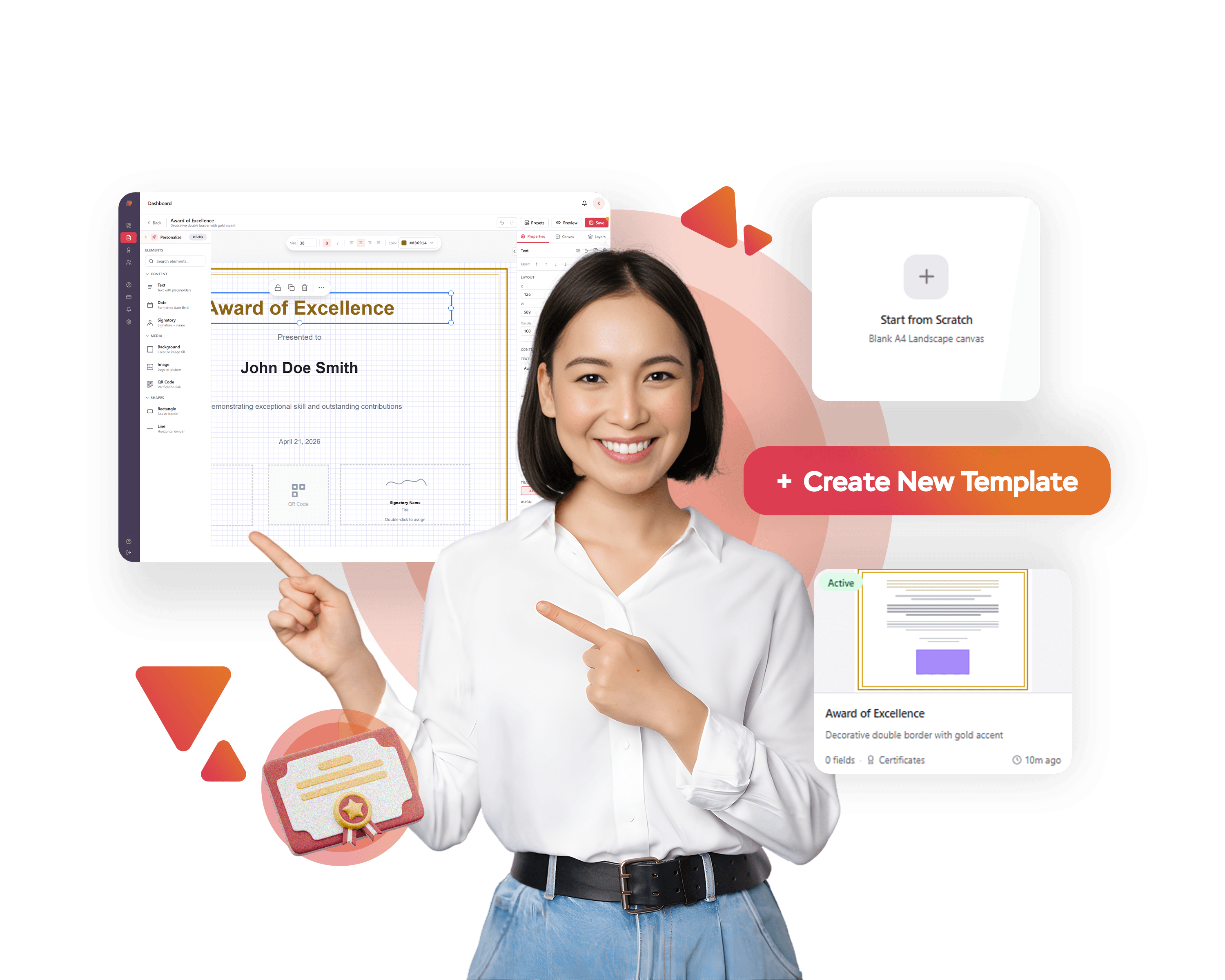 Visual template builder with the Award of Excellence design and the Create New Template action